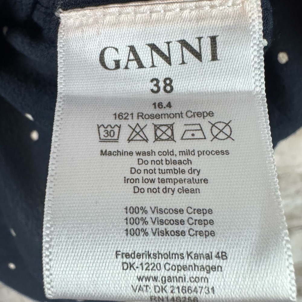 GANNI Women's Size 38 1621 Rosemont Crepe Blouse 3/4 Sleeve Navy White Pin Dots - Picture 5 of 8